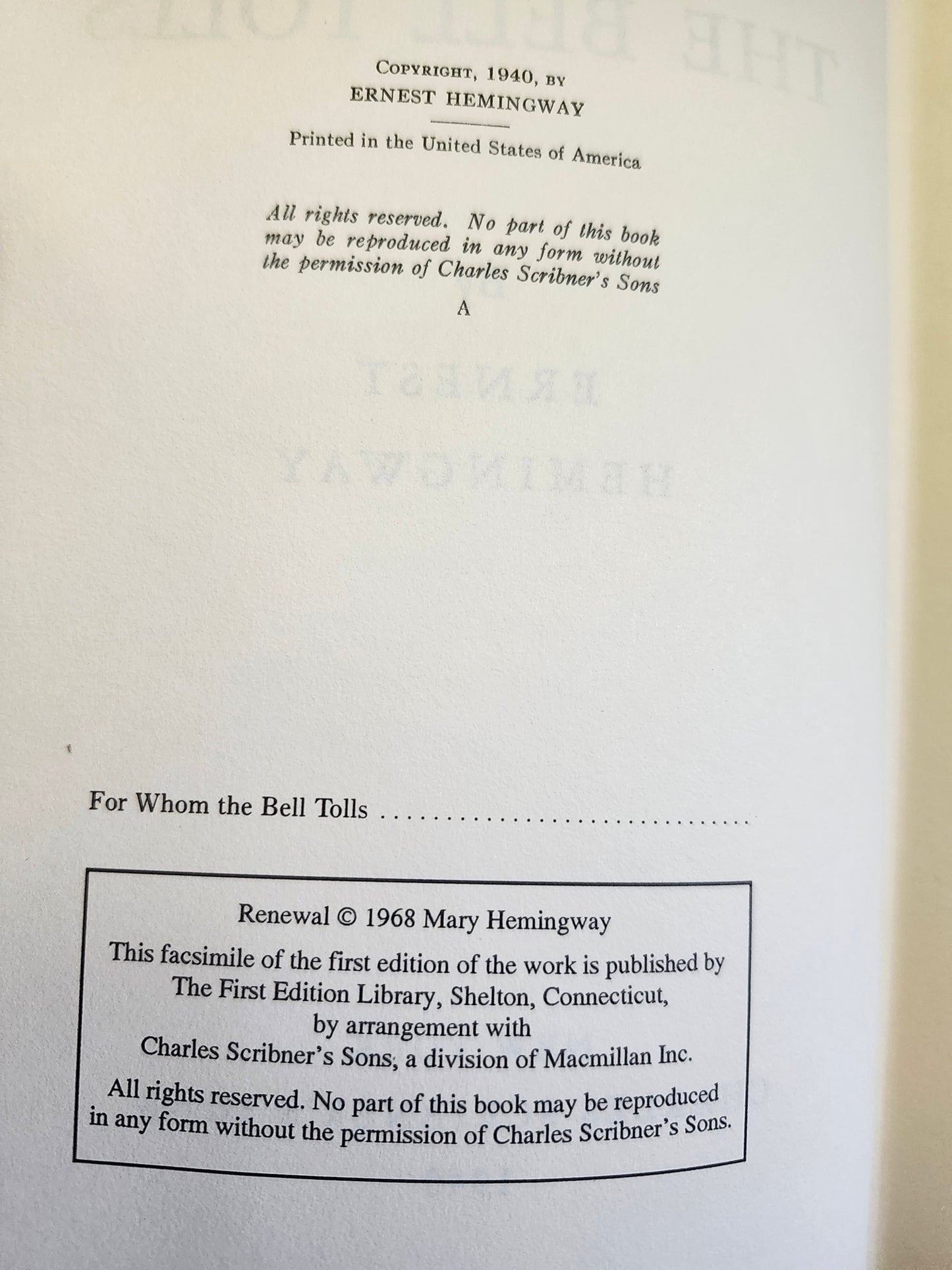 "For Whom the Bell Tolls" by Ernest Hemingway -- First Edition Library