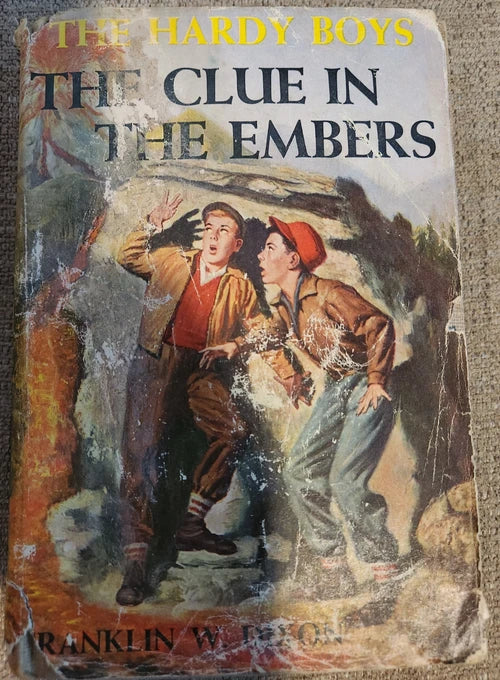 Hardy Boys #35 CLUE IN THE EMBERS Original Text Tweed Brown 1955 HB/DJ - Dead Tree Dreams Bookstore